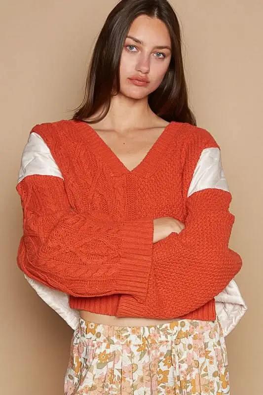 POL Cable Knit Quilting Patch V-Neck Contrast Sweater - Love Salve